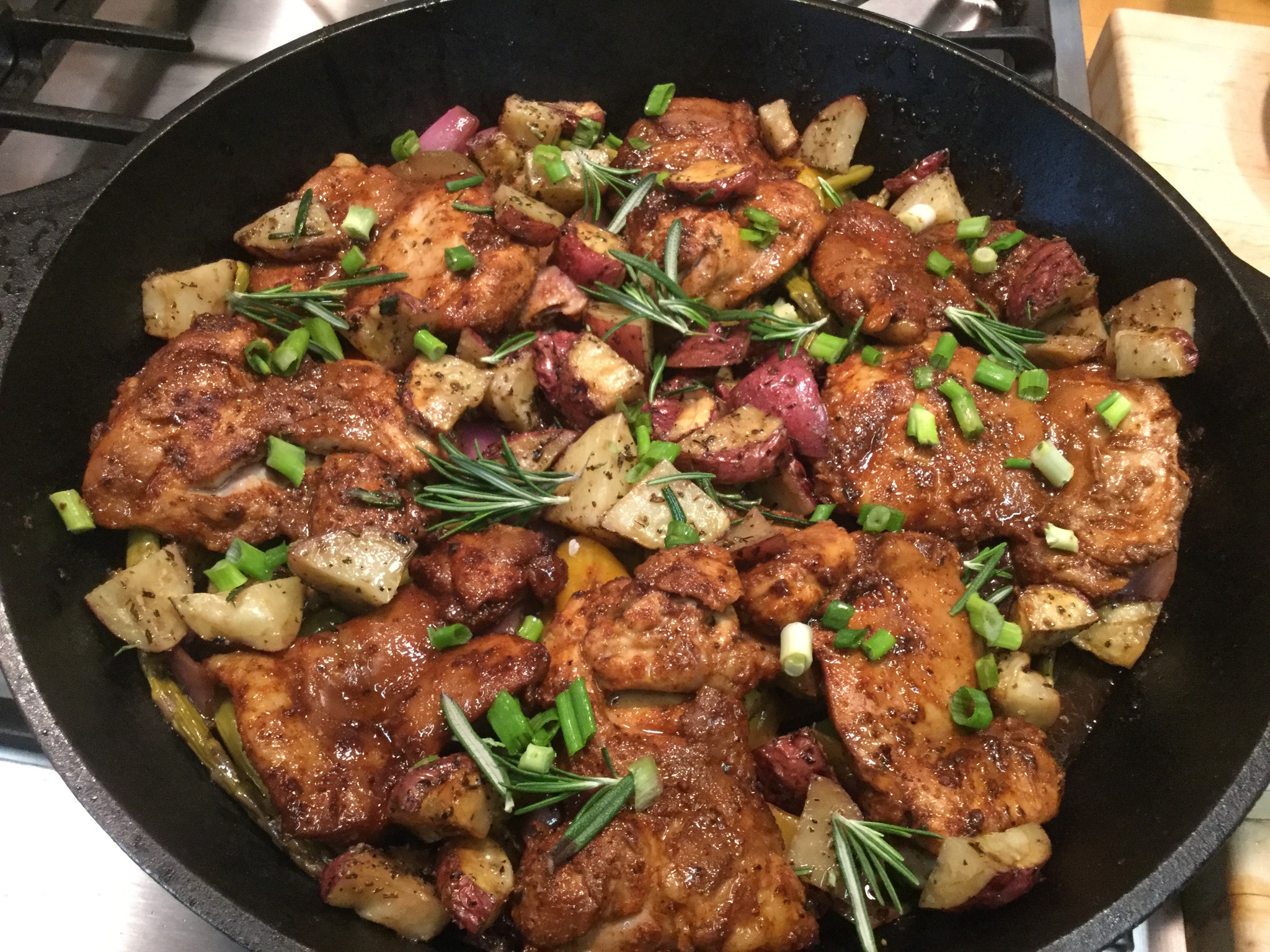 Delicious Balsamic Glazed Chicken Thighs with Grilled Veggies and New Red Potatoes