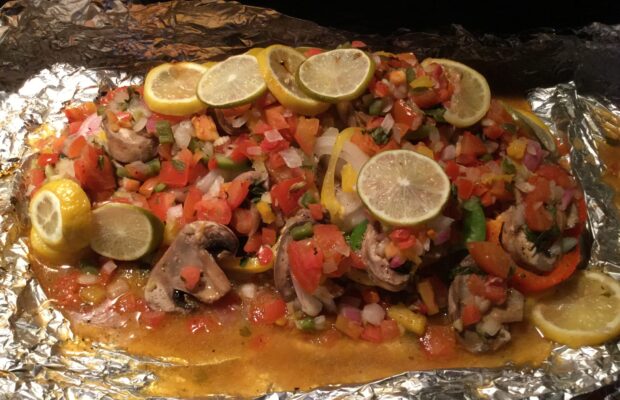 Grilled Red Snapper with Veggies and Lump Crabmeat Saute in Foil Packets