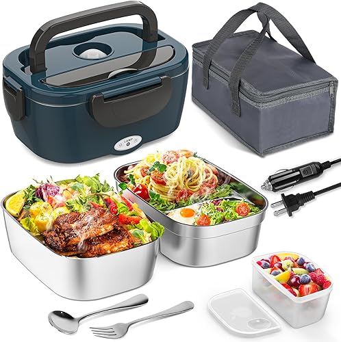 Vingud Electric Lunch Box, Heated Lunch Box for Adults with 2 Stainless Steel Container, 1.5L Portable 80W Food Warmer Lunch Boxes for Car/Truck/Work/Home