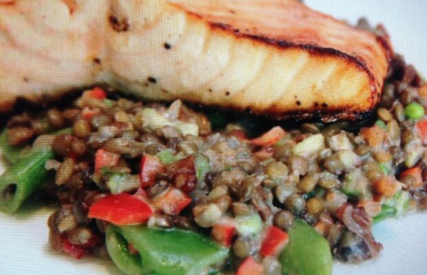 GRILLED SALMON OVER LENTIL SALAD