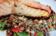 GRILLED SALMON OVER LENTIL SALAD