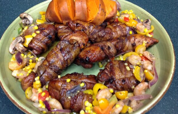 COFFEE-MARINATED BACON-WRAPPED BONELESS CHICKEN THIGHS AND BREASTS