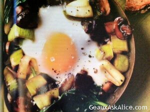 BAKED EGGS OVER SAUTEED MUSHROOMS AND SPINACH