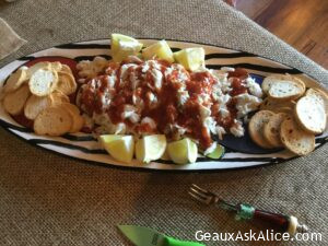 Luscious Jumbo Lump Crabmeat over Cream Cheese Topped with Cocktail Sauce