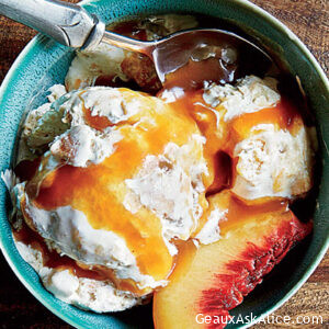 Tipsy Peach Cobbler Ice Cream with Bourbon-Caramel Sauce