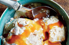 Tipsy Peach Cobbler Ice Cream with Bourbon-Caramel Sauce
