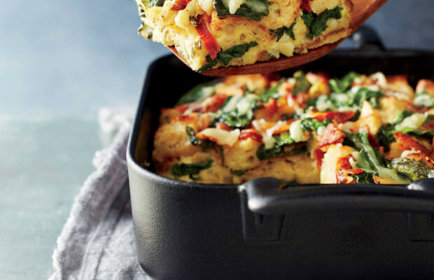 Creamy and Crispy Spinach, Bacon and Gruyere Breakfast Strata