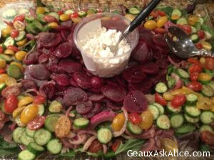 Pickled Beets, Marinated Red Onions, Baby Cucumbers, Cherry Tomatoes and Mixed Green Salad with Feta Cheese and Balsamic Dressing
