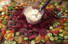 Pickled Beets, Marinated Red Onions, Baby Cucumbers, Cherry Tomatoes and Mixed Green Salad with Feta Cheese and Balsamic Dressing