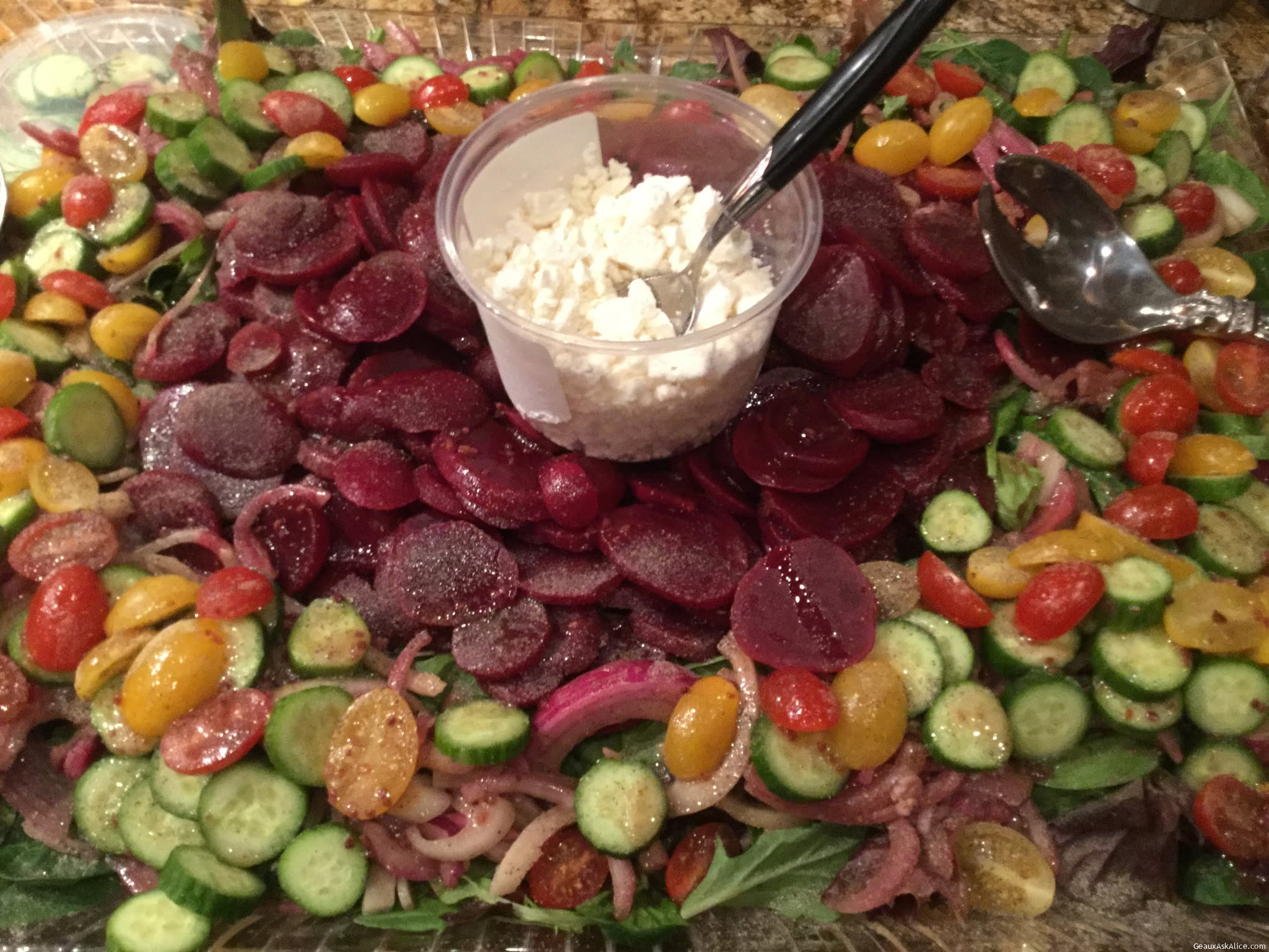 Pickled Beets, Marinated Red Onions, Baby Cucumbers, Cherry Tomatoes and Mixed Green Salad with Feta Cheese and Balsamic Dressing